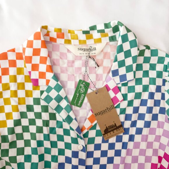 Sugarhill Brighton rainbow checkerboard Penelope Midi Shirt Dress US 10 NWT - Picture 3 of 6